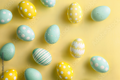 Eastern delight pastel painted eggs with flowers on light yellow table background.Happy Easter day decoration colorful eggs in nest on paper background with copy space