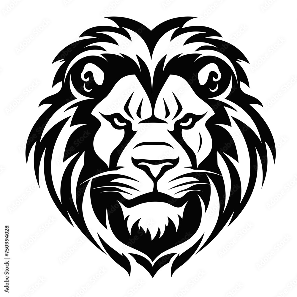 lion head black and white vector illustration isolated transparent background, logo, cut out or cutout t-shirt print design,  poster, baby products, packaging design, tribal tattoo