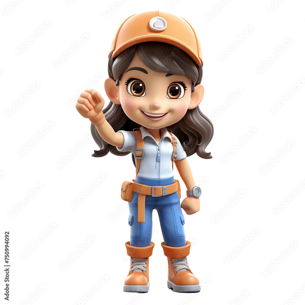 Cute smiling young female worker, 3D render style, isolated on white background cutout. Cute smiling young female worker, 3D render style, isolated on white background cutout.