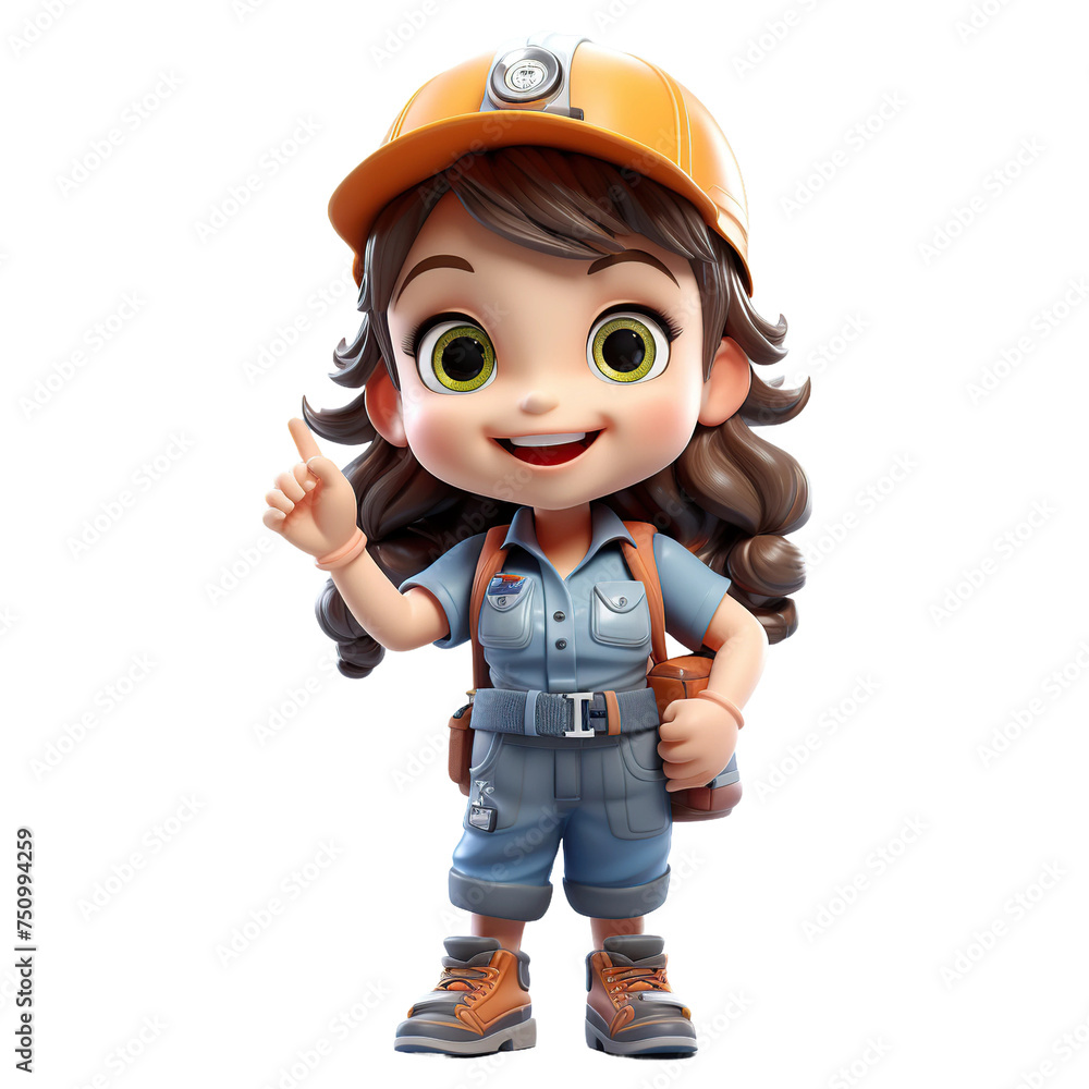 Cute young female worker pointing to, 3D render style, isolated on white background cutout. Cute young female worker pointing to, 3D render style, isolated on white background cutout.