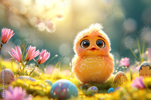 Little chicken on spring meadow with colorful easter eggs. Yellow bird on spring sunny field. Easter concept. Banner or card with cute chick 