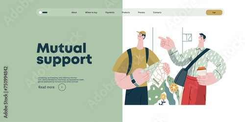 Mutual Support: Directing a passerby -modern flat vector concept illustration of man pointing the way to a tourist. A metaphor of voluntary, collaborative exchanges of resource, services