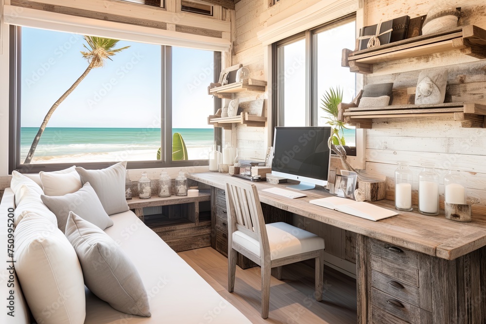 Repurposed Furniture Workstations & Coastal Elements at a Reclaimed Wood Desks Beachside Retreat
