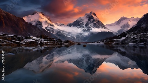 Panorama of a mountain lake at sunset with reflection in the water
