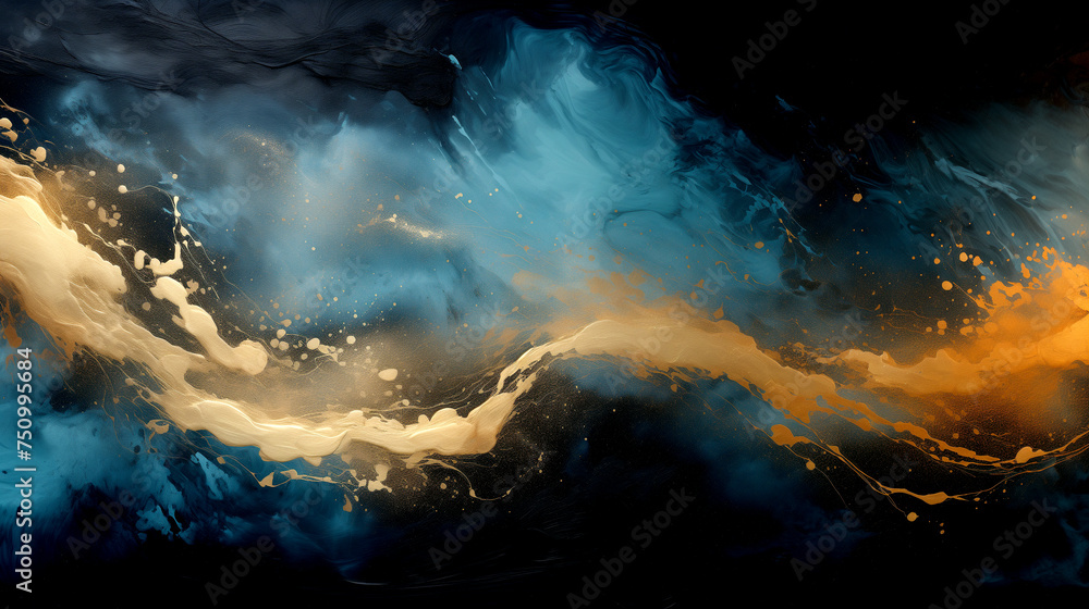 Golden Flowing Wave with Golden Splashes on Blue Background