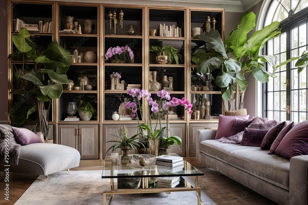Green Oasis: Luxe Apartment with Wall Shelves Displaying Lush Fern and Orchid Green Oasis: Luxe Apartment with Wall Shelves Displaying Lush Fern and Orchid