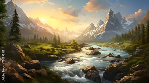 Mountain landscape with a river and a beautiful sunset. Panorama
