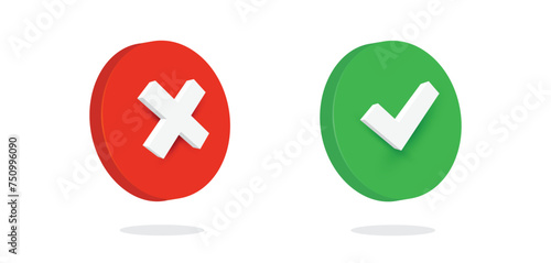 Green check mark, symbolizing approval or correctness, is positioned closely to a red cross, representing rejection or incorrectness. Both icons are rendered in a three-dimensional style as vector.