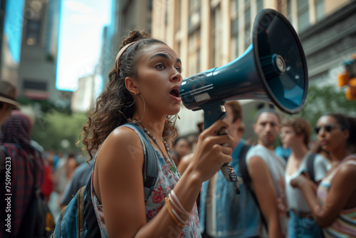 Dynamic young woman energetically addressing a crowd through a megaphone on a city street, her fervent message echoed amidst a diverse urban audience.