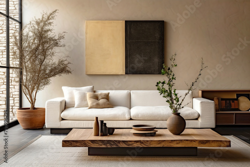 Rustic wooden coffee table near white sofa against beige stucco wall. Boho home interior design of modern living room.