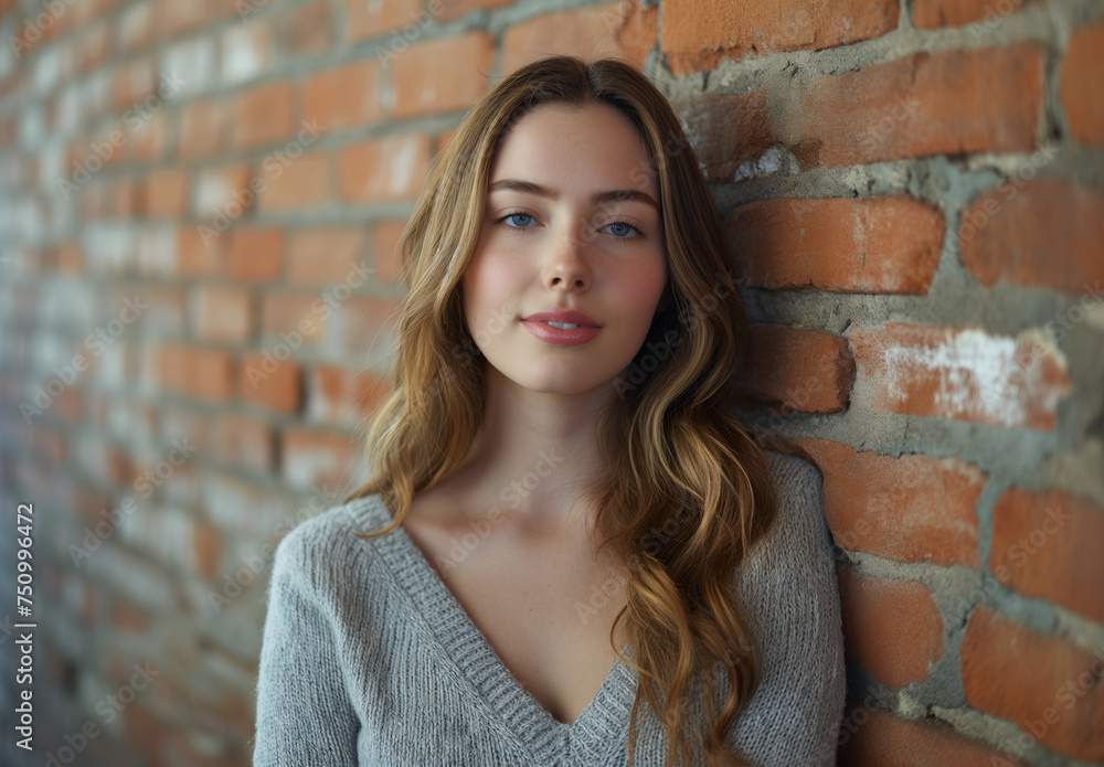 Portrait of a serene young woman with wavy hair and blue eyes, wearing a grey knitted sweater, leaning against a weathered brick wall.