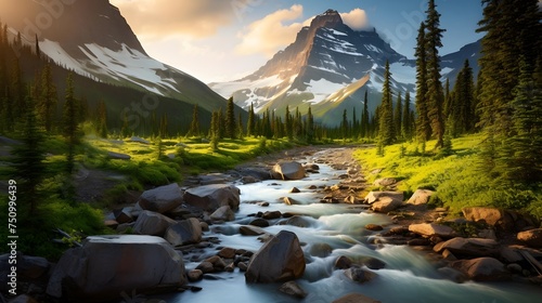 Panoramic view of the river and mountains in the Canadian Rockies photo