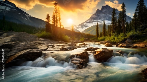 Panoramic view of mountain river at sunset. Beautiful summer landscape.