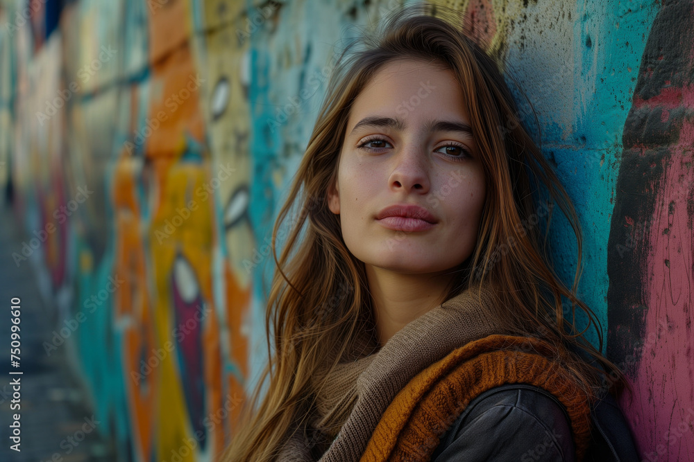 Casual young woman leaning against a colorful graffiti wall, contemplative look.
