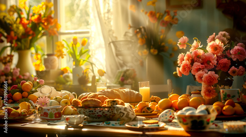 Table with Easter Food - Shining Morning Light and Flowers