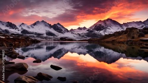 Panoramic view of snow capped mountains reflected in lake at sunset © Iman