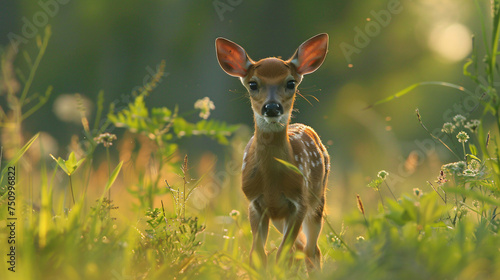 A curious baby deer frolicking in a meadow