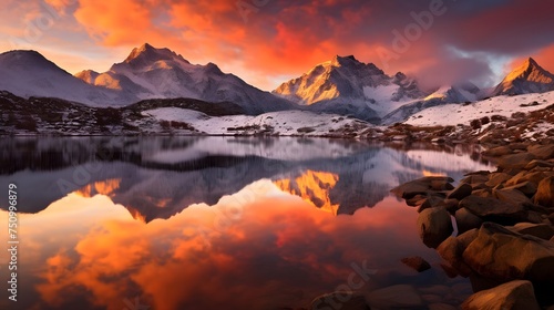 Panoramic view of snow covered mountain range and lake at sunset