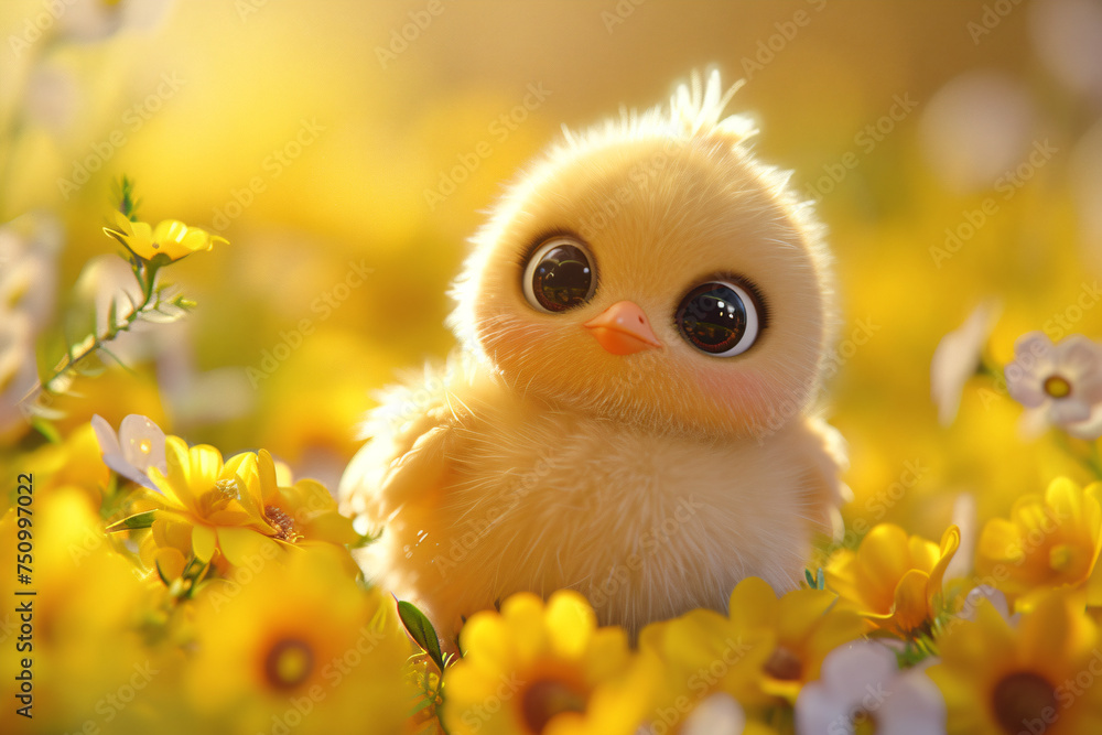 Yellow newborn chick on spring field or garden. Cute chicken on summer meadow with green grass and flowers. Easter concept. Funny bird character for banner, card, flyer or poster Yellow newborn chick on spring field or garden. Cute chicken on summer meadow with green grass and flowers. Easter concept. Funny bird character for banner, card, flyer or poster