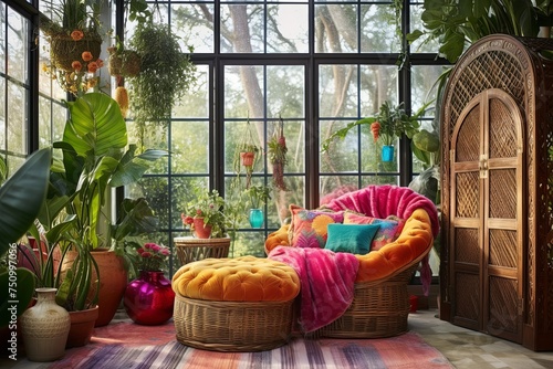 Vintage Glass Bohemian Room: Colorful Textiles & Rattan Seating Inspirations