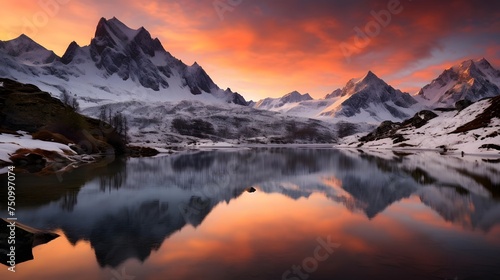 Mountains reflected in a lake at sunset. Panoramic view
