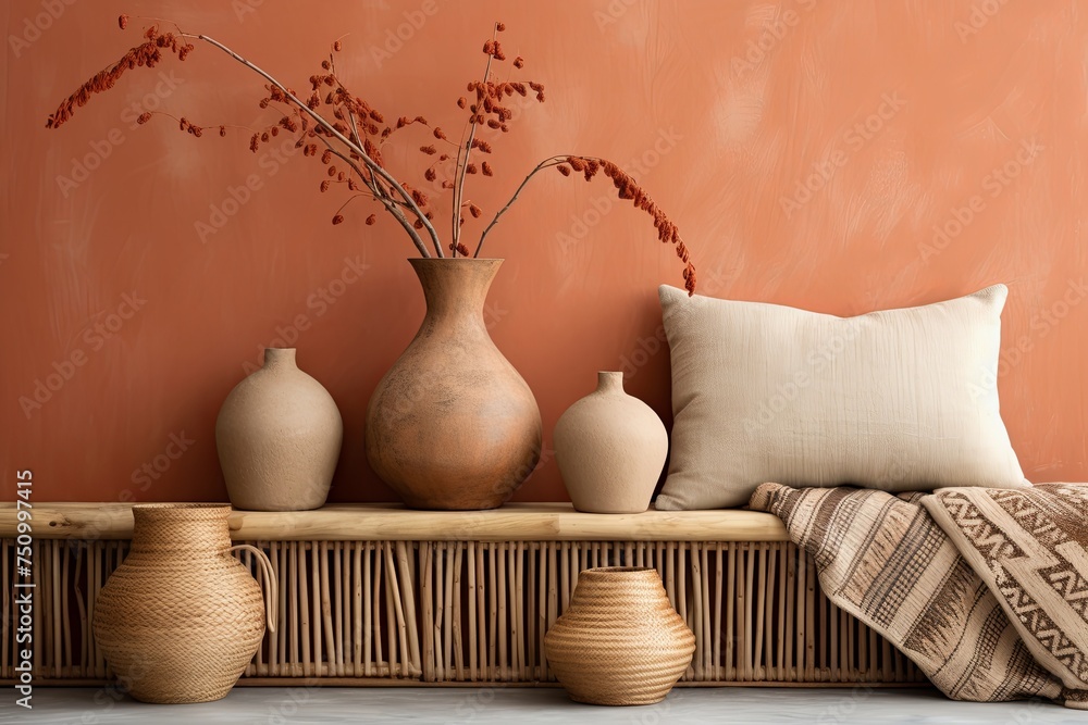 Boho Chic Woven Wall Hangings: Twig Accents, Terracotta Vase Design