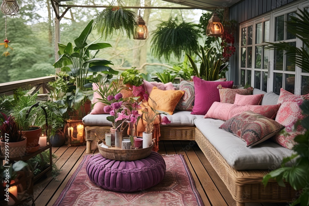Boho Chic Terrace: Cushions, Rugs, Fern, & Orchid Arrangements