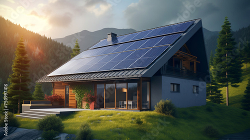 house with solar panels on the roof. nature in the background