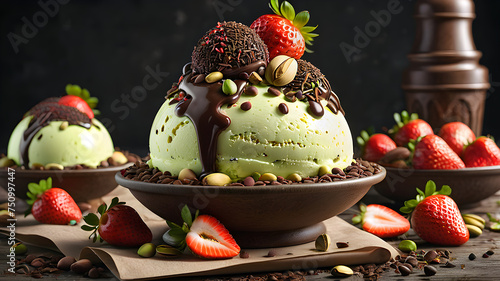 pistachio ice cream with chocolate sprinkles, strawberries on the table, rustic style photo