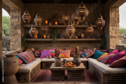 Boho Chic Terrace: Rustic Stone Oven Haven with Colorful Lanterns & Woven Wall Hangings
