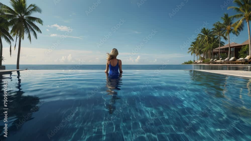 Happy woman in blue swimsuit swimming in infinity pool at luxury hotel against ocean front. young female in tropical resort. Relaxing, summer, travel, holiday, vacation, weekend concept Happy woman in blue swimsuit swimming in infinity pool at luxury hotel against ocean front. young female in tropical resort. Relaxing, summer, travel, holiday, vacation, weekend concept