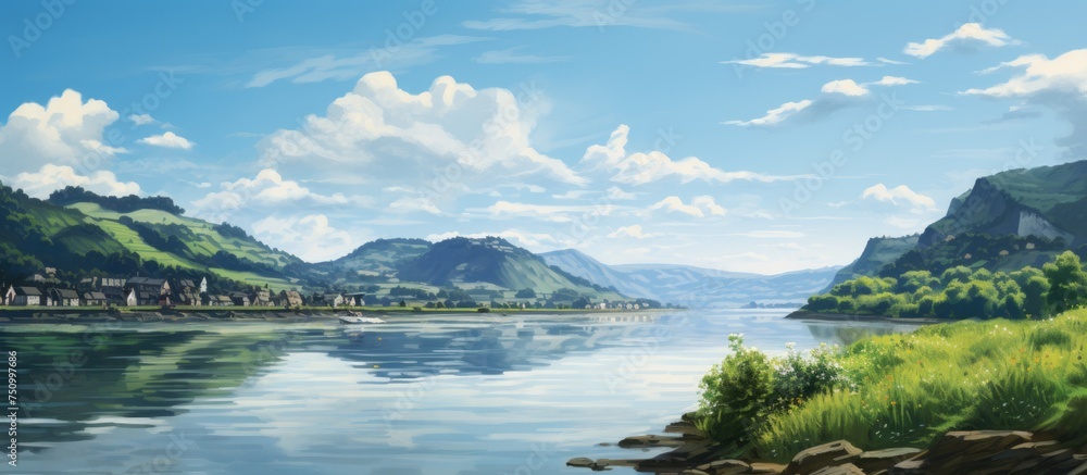 A detailed painting depicting a lake with towering mountains in the background. The calm water reflects the blue sky, while the mountains rise in a dramatic fashion.