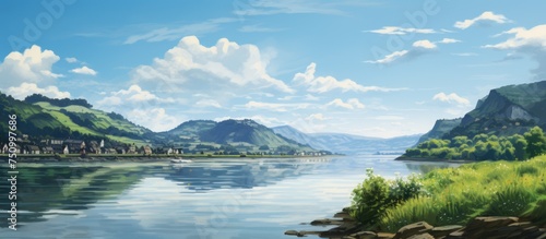 A detailed painting depicting a lake with towering mountains in the background. The calm water reflects the blue sky, while the mountains rise in a dramatic fashion.