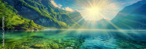 the bright sun and clear water in the beautiful mountains, generative AI