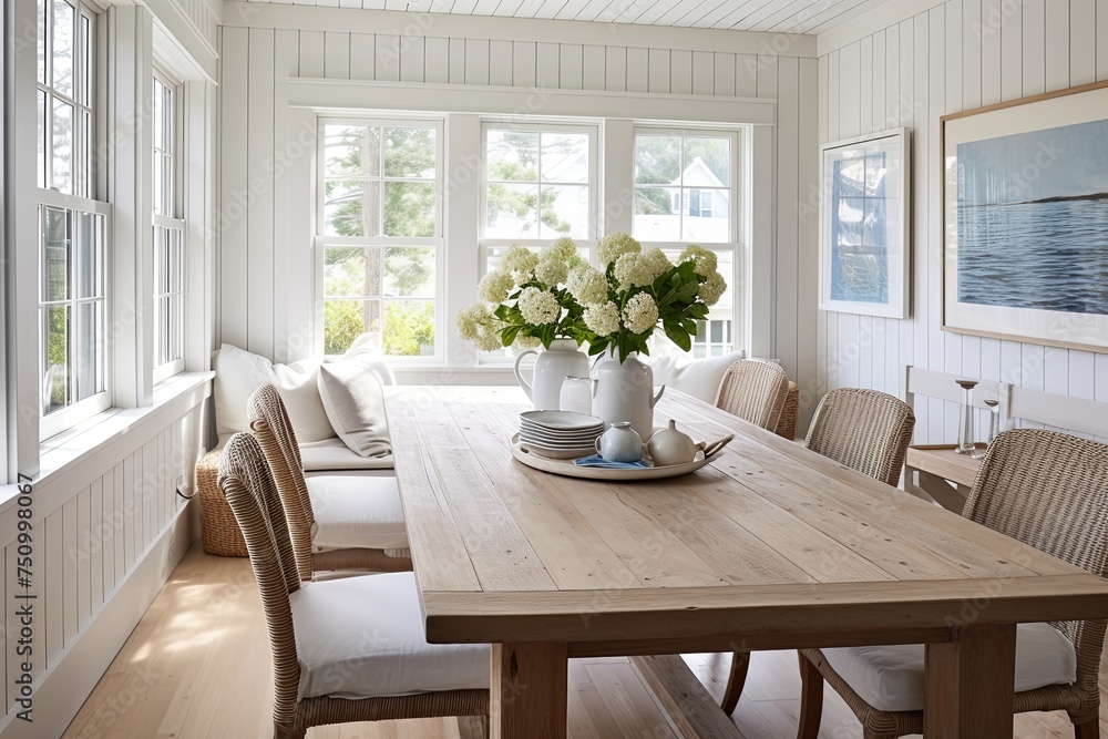Bright Coastal Cottage Dining Room: Nautical Large Windows Wooden Table Ideas