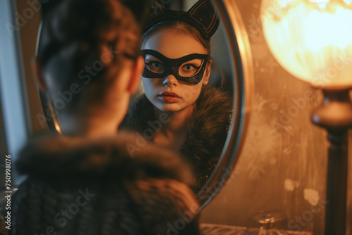 A young girl in a cat mask reflects her alter ego in the mirror, a captivating scene filled with mystery and a hint of masquerade charm.