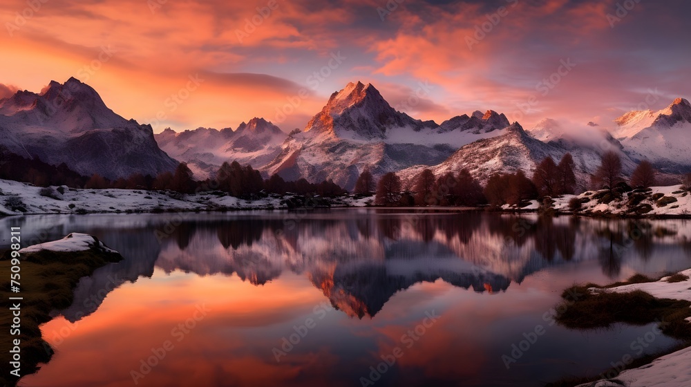 Beautiful panoramic landscape image of Glencoe Lake at sunset