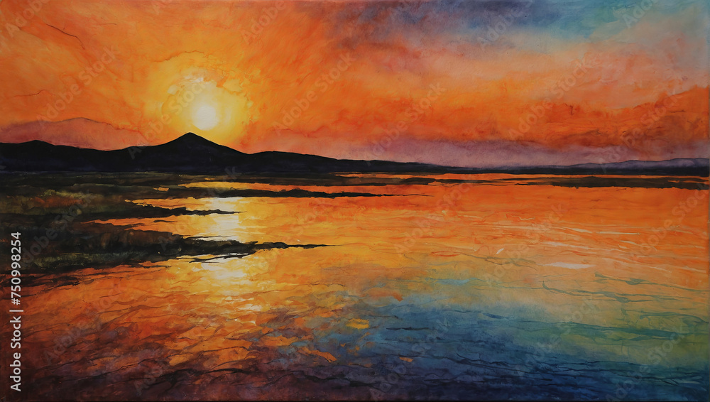 sunset over the river, Watercolor