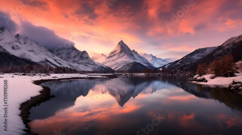 Panoramic view of snowy mountains reflected in the lake at sunset