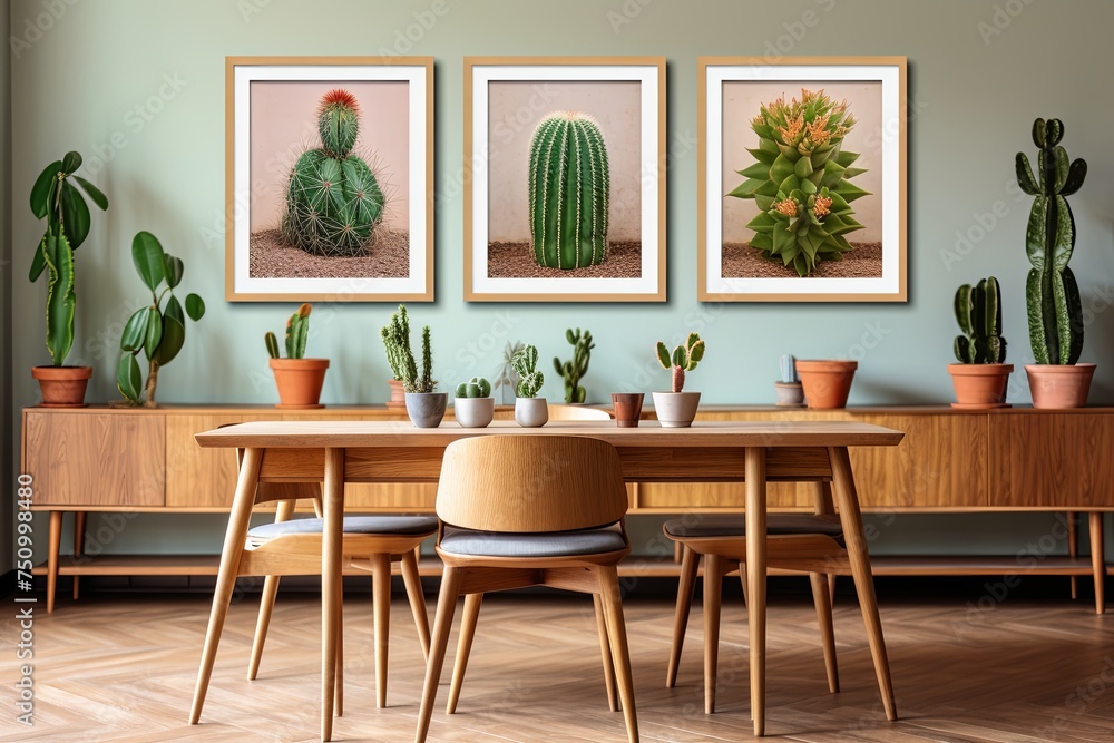 Cactus and Succulent Displays on Mid-Century Dining Room Table with Art Poster Background