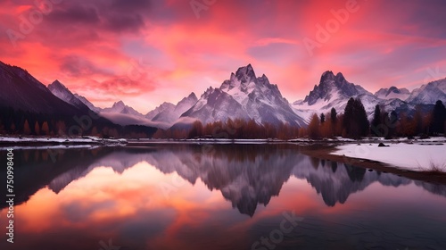 Panoramic view of snow-capped mountains and lake at sunrise © Iman