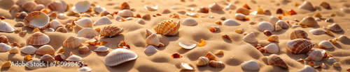 Coastal beauty: seashell collection on a beach, a captivating scene for nature lovers and shell enthusiasts