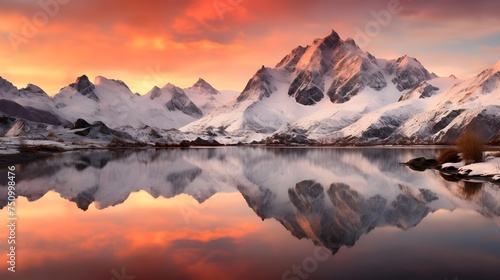 beautiful panoramic view of snowy mountains reflected in a lake