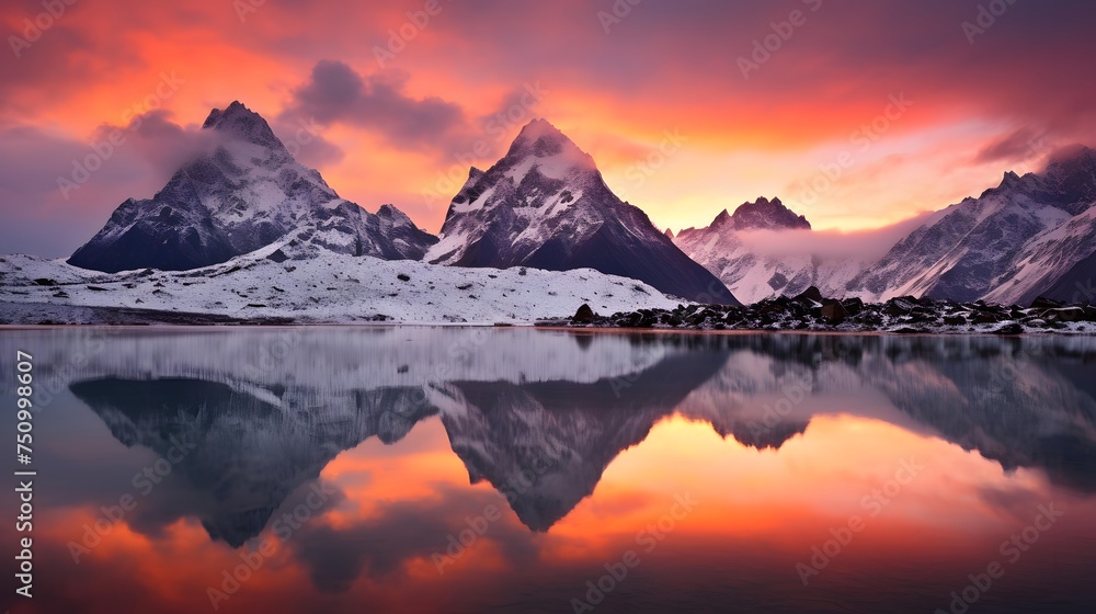 Panoramic view of snowy mountains with reflection in water at sunset