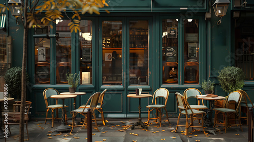 cafe in the city, Paris coffee shop ambiance, elegant cafe, green is the main color, vintage retro style photo