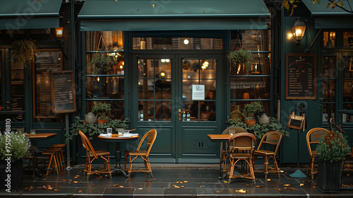 Paris coffee shop ambiance, elegant cafe, green is the main color, vintage retro style