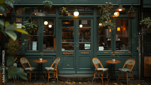 Paris coffee shop ambiance, elegant cafe, green is the main color, vintage retro style, Typical view of the Parisian street with tables of brasserie (cafe) in Paris, France. Architecture and landmarks photo