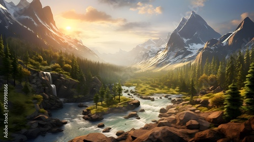 Panorama of a beautiful mountain river in the mountains at sunset.