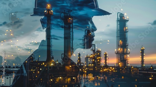 Double exposure of manager and engineer working with safety helmet with oil refinery industry plant background
