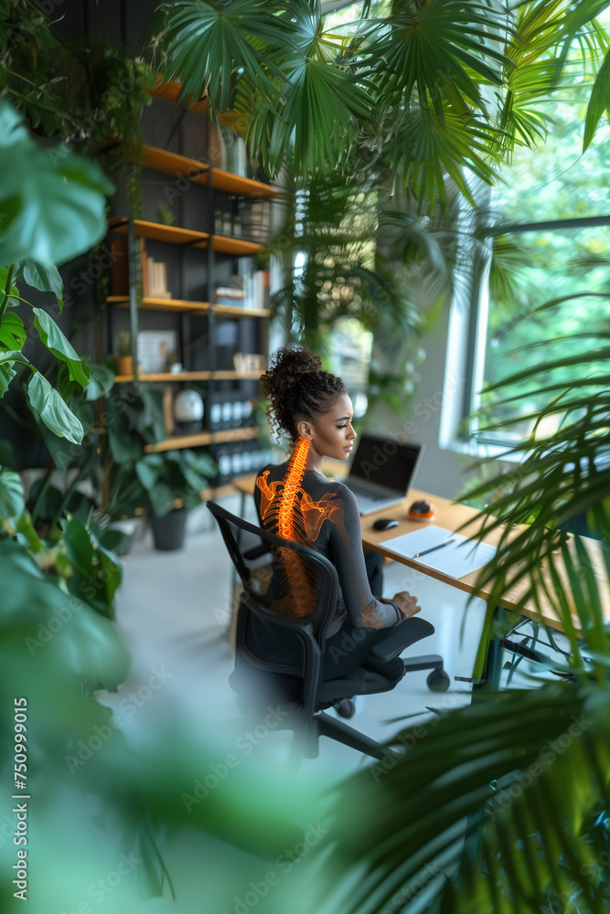 woman suffering from back pain, and muscle spasms at the workplace with a laptop in the office or home interior. Fatigue, deadline, pain, and incorrect posture, office syndrome woman suffering from back pain, and muscle spasms at the workplace with a laptop in the office or home interior. Fatigue, deadline, pain, and incorrect posture, office syndrome